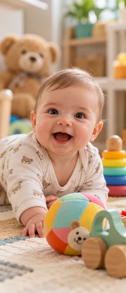 Bebé sonriente gateando sobre una alfombra entre juguetes