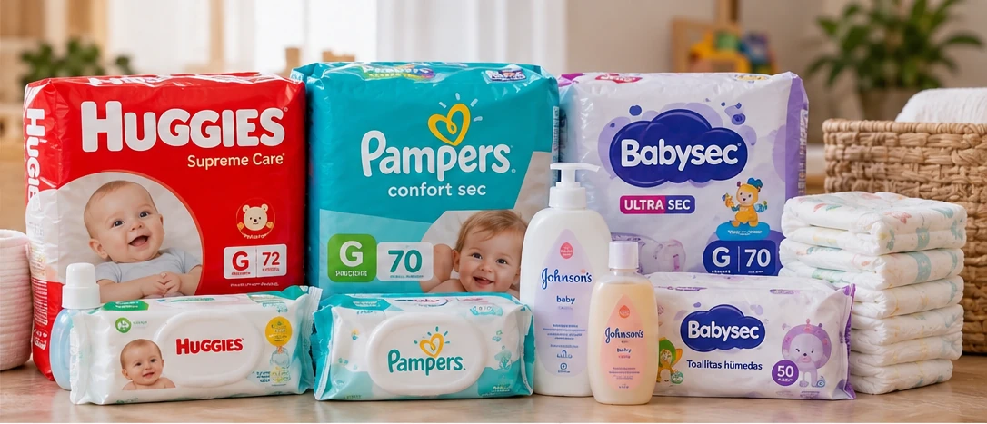 Paquetes de pañales Huggies, Pampers y Babysec con toallitas y productos Johnson's Baby